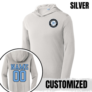 Silver Prime Athletics Baseball Circle Logo PosiCharge Competitor Hoodie with the circular Prime Athletics A's Baseball logo on the left chest and a customizable NAME/00 print on the back