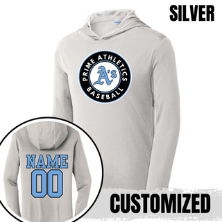 Silver Prime Athletics Baseball Circle Logo PosiCharge Competitor Hoodie with the circular Prime Athletics A's Baseball logo on the chest and a customizable NAME/00 print on the back