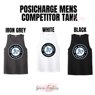 Prime Athletics Baseball Circle Logo PosiCharge Competitor Tank color options: Iron Grey, White, and Black, each with the circular Prime Athletics A's Baseball logo on the chest