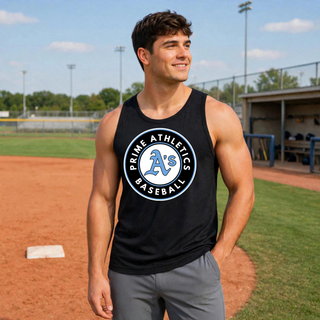 Model wearing the black Prime Athletics Baseball Circle Logo PosiCharge Competitor Tank with the circular Prime Athletics A's Baseball logo on the chest