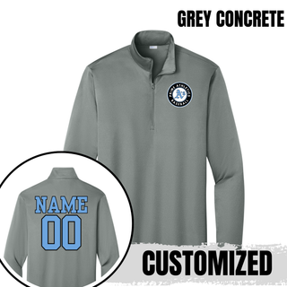 Grey Concrete Prime Athletics Baseball Circle Logo PosiCharge Quarter-Zip with the circular Prime Athletics A's Baseball logo on the left chest and a customizable NAME/00 print on the back