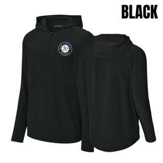 Black Prime Athletics Baseball Circle Logo Repeat Half-Zip Hooded Jacket flat lay, front and back view showing the circle logo on the left chest