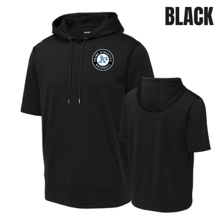 Black Prime Athletics Baseball Circle Logo Short Sleeve Hooded Pullover front and back view with the circular Prime Athletics A's Baseball logo on the chest