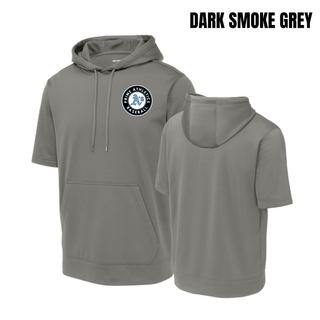 Dark Smoke Grey Prime Athletics Baseball Circle Logo Short Sleeve Hooded Pullover front and back view with the circular Prime Athletics A's Baseball logo on the chest