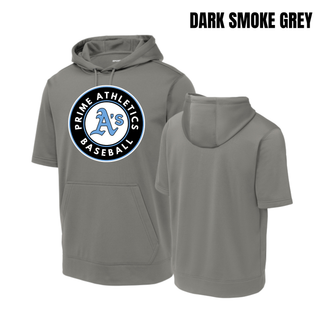 Dark Smoke Grey Prime Athletics Baseball Circle Logo Short Sleeve Hooded Pullover front and back view with the circular Prime Athletics A's Baseball logo on the chest