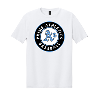 White Prime Athletics Baseball Circle Logo Top (short sleeve tee) with the circle logo centered on the chest
