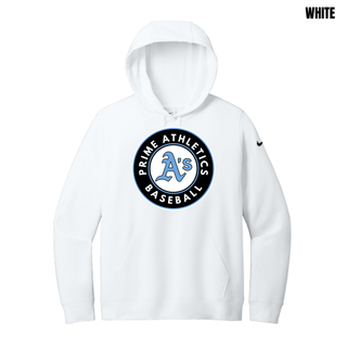 White Prime Athletics Baseball women’s fleece hoodie with Carolina Blue, black and white circle logo