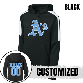 Black Prime Athletics Baseball Classic Logo Fan Favorite Hoodie with white colorblock panels, a large centered A's logo, and a customizable NAME/00 print on the back