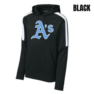 Black Prime Athletics Baseball Classic Logo Fan Favorite Hoodie with white colorblock panels and a large, centered A's logo in light blue lettering with a white outline