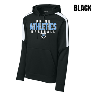 Black Prime Athletics Baseball Classic Logo Fan Favorite Hoodie with white shoulder and sleeve panels