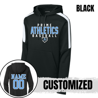 Black Prime Athletics Baseball Classic Logo Fan Favorite Hoodie showing the optional name and number on the back