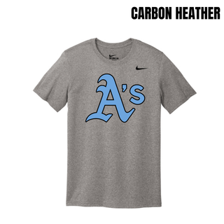 Carbon Heather Prime Athletics Baseball Classic Logo Men's rLegend Tee with a large, centered A's logo in light blue lettering with a black outline