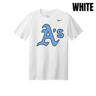 White Prime Athletics Baseball Classic Logo Men's rLegend Tee with a large, centered A's logo in light blue lettering with a black outline
