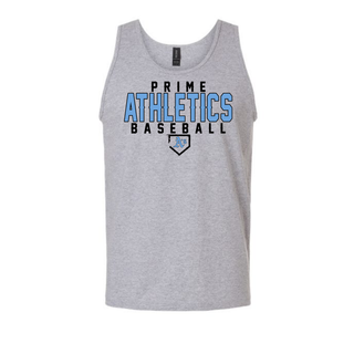 Sport Grey Prime Athletics Baseball Classic Logo men's tank top laid flat, with PRIME ATHLETICS BASEBALL wordmark and home plate A's icon on the chest