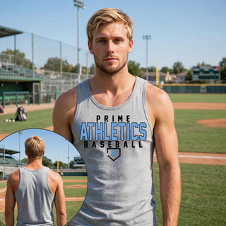 Model wearing Sport Grey Prime Athletics Baseball Classic Logo men's tank top with PRIME ATHLETICS BASEBALL wordmark and home plate A's icon on the chest