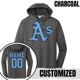 Black Prime Athletics Baseball Classic Logo Performance Fleece Hoodie with a large, centered A's logo in light blue lettering with a white outline, back customizable with name and number