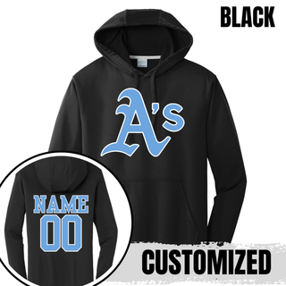 Charcoal Prime Athletics Baseball Classic Logo Performance Fleece Hoodie with a large, centered A's logo in light blue lettering, back customizable with name and number