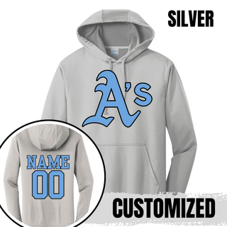 Prime Athletics Baseball Classic Logo Performance Fleece Hoodie color options: Black, Charcoal, and Silver, each with the large centered A's logo design