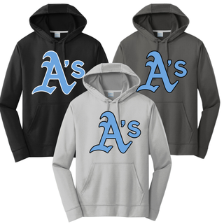 Silver Prime Athletics Baseball Classic Logo Performance Fleece Hoodie with a large, centered A's logo in light blue lettering, back customizable with name and number