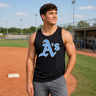 Man wearing a Black Prime Athletics Baseball Classic Logo PosiCharge Competitor Tank with large centered A's logo, on a baseball field