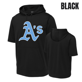Black Prime Athletics Baseball Classic Logo Short Sleeve Hooded Pullover with a large, centered A's logo in light blue lettering with a white outline, front and back view