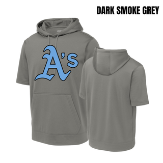 Dark Smoke Grey Prime Athletics Baseball Classic Logo Short Sleeve Hooded Pullover with a large, centered A's logo in black lettering with a white outline, front and back view