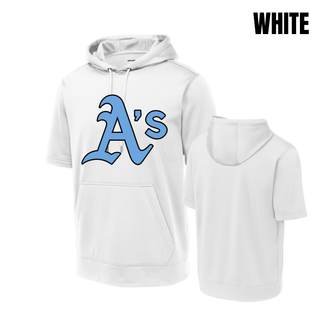 White Prime Athletics Baseball Classic Logo Short Sleeve Hooded Pullover with a large, centered A's logo in light blue lettering with a black outline, front and back view