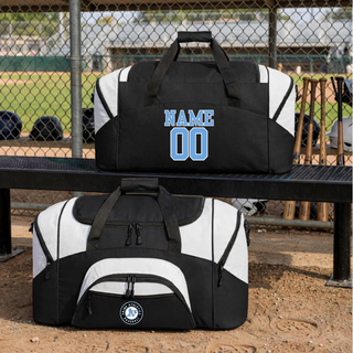 Prime Athletics Baseball duffel bags in Black/Grey and Carolina Blue/Grey on a baseball dugout bench