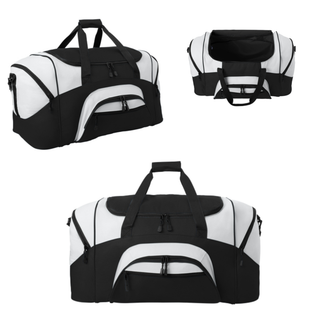 Black and Grey Prime Athletics Baseball duffel bag with side pocket, main compartment and front panel views
