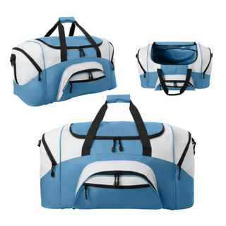 Carolina Blue and Grey Prime Athletics Baseball duffel bag shown open with lined interior, plus side and angled front views