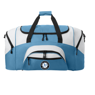 Carolina Blue and Grey Prime Athletics Baseball duffel bag showing the circle badge on the front pocket