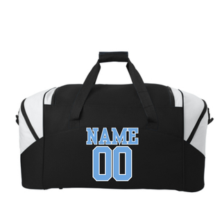 Carolina Blue and Grey Prime Athletics Baseball duffel bag with side pocket, main compartment and front panel views