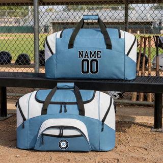 Prime Athletics Baseball duffel bags in both colors showing optional printed name and number