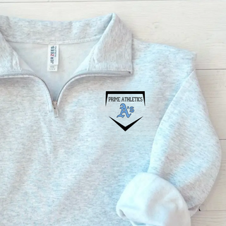 Prime Athletics Baseball Home Plate Logo Fleece Quarter-Zip flat lay with left-chest home plate logo design