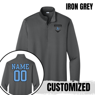 Prime Athletics Baseball Home Plate Logo PosiCharge Quarter-Zip in Iron Grey with left-chest home plate logo and customizable back name and number