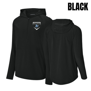 Prime Athletics Baseball Home Plate Logo Repeat Half-Zip Hooded Jacket in Black with home plate logo on left chest, front and back view