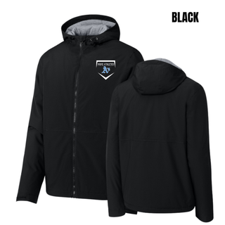 Prime Athletics Baseball Home Plate Logo Waterproof Insulated Jacket in Black with home plate emblem on left chest, front and back view