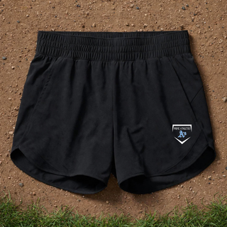 Black Prime Athletics Baseball Home Plate Logo Women's Repeat Swift Short with the Prime Athletics home plate logo on the left leg