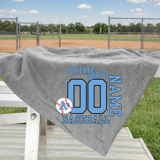Prime Athletics Baseball Personalized Stadium Blanket in Athletic Heather Grey with custom player name and number, baseball badge corner logo, and ballfield background