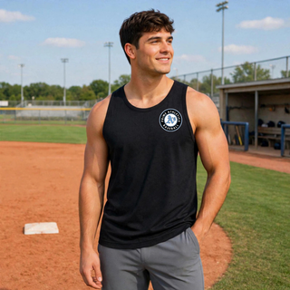 Black Prime Athletics Baseball Pocket Circle Logo Men's PosiCharge Competitor Tank with a pocket-size left-chest design