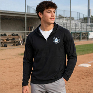 Black Prime Athletics Baseball Pocket Circle Logo Repeat Half-Zip Hooded Jacket with a pocket-size left-chest design