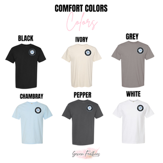 Prime Athletics Baseball Pocket Circle Logo Comfort Colors options: Black, Ivory, Grey, Chambray, Pepper, and White