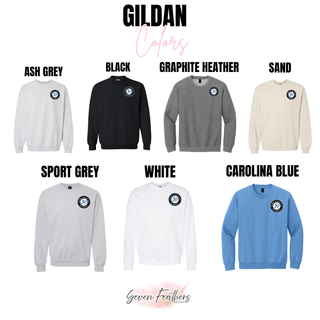 Prime Athletics Baseball Pocket Circle Logo Gildan color options: Ash Grey, Black, Graphite Heather, Sand, Sport Grey, White, and Carolina Blue