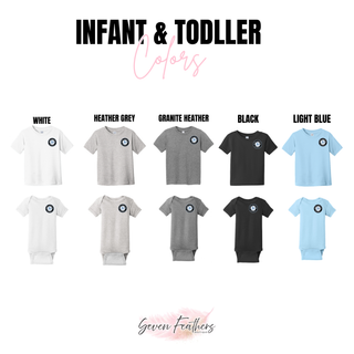 Prime Athletics Baseball Pocket Circle Logo infant and toddler tee and onesie color options: White, Heather Grey, Granite Heather, Black, and Light Blue