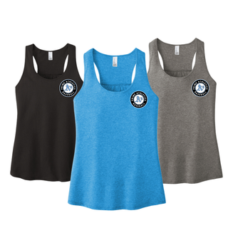 Prime Athletics Baseball Pocket Circle Logo Women's Racerback Tanks in black, turquoise, and grey frost