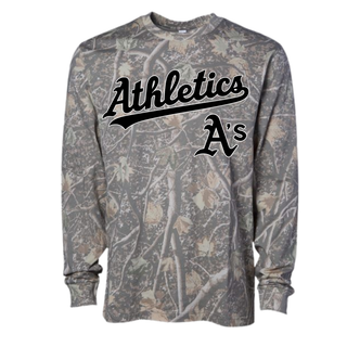 Camo Prime Athletics Baseball Script Logo long sleeve top laid flat, with Athletics script lettering and A's mark in black on the chest