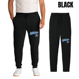 Black Prime Athletics Baseball Script Logo Core Fleece Joggers with "Athletics" script lettering and small A's mark on the lower left leg