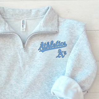 Ash Grey Prime Athletics Baseball Script Logo Fleece Quarter-Zip flat lay with "Athletics" script lettering and small A's mark