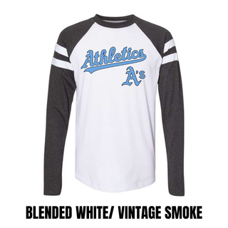 Blended White and Vintage Smoke Prime Athletics Baseball Script Logo Mash Up long sleeve top laid flat, with Athletics script lettering and A's mark on the chest