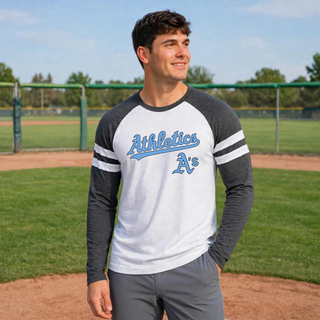 Model wearing Blended White and Vintage Smoke Prime Athletics Baseball Script Logo Mash Up long sleeve top with Athletics script lettering and A's mark on the chest